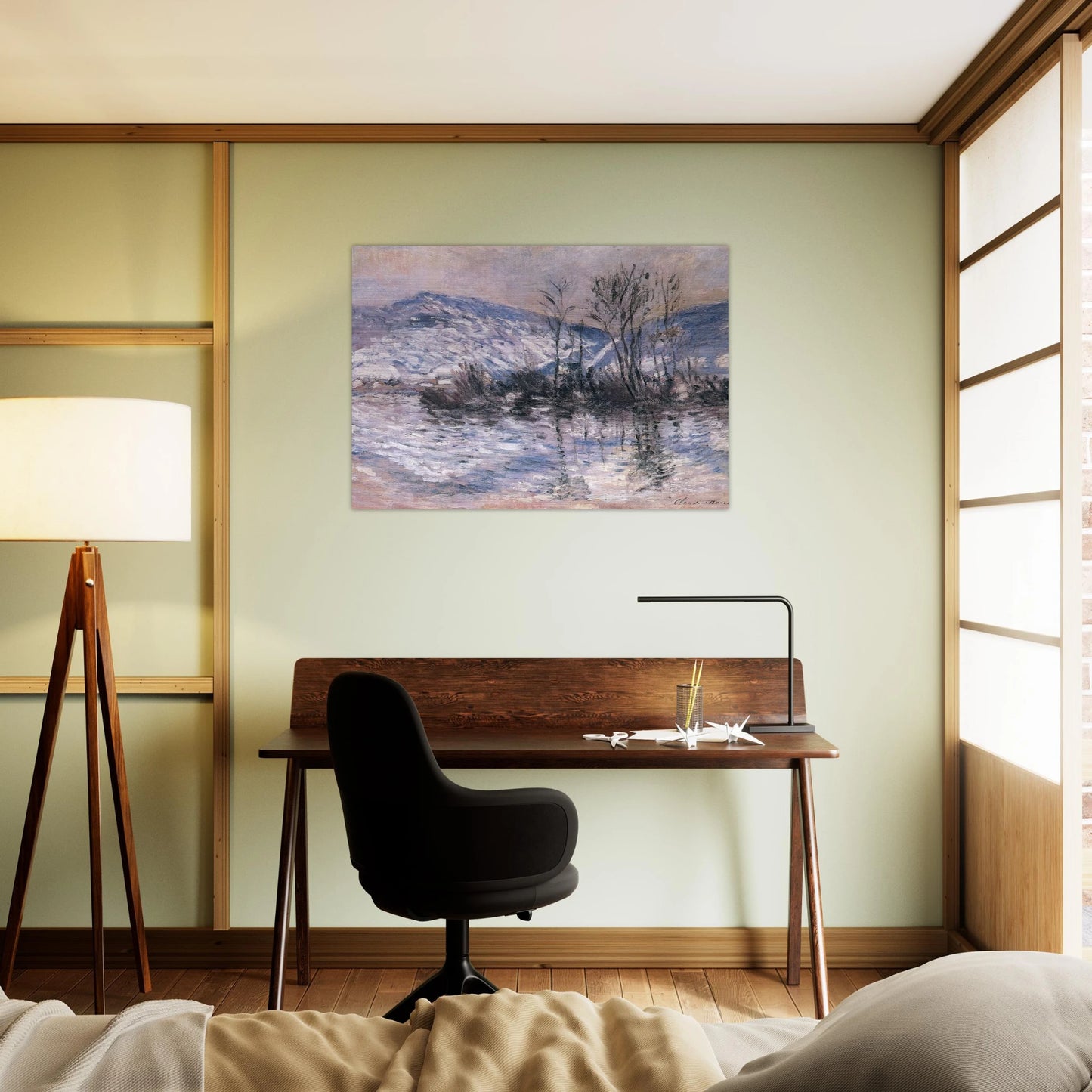 The Seine at Port Villez, Snow Effect 02 - claude monet Brushed Aluminum Print - 70x100 cm / 28x40 inches | claude monet Aluminum Print | claude monet Prints