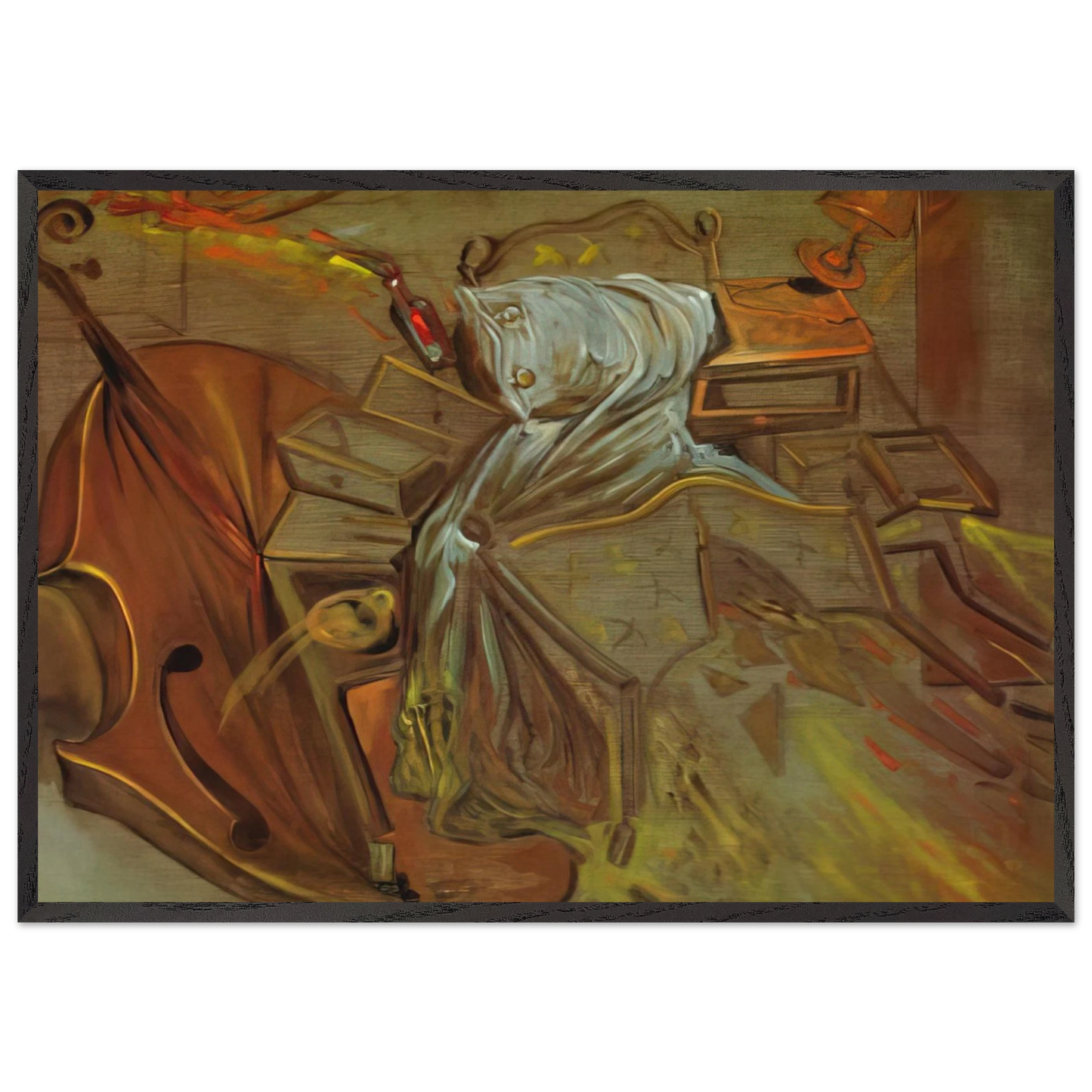 BED AND TWO BEDSIDE TABLES FEROCIOUSLY ATTACKING A CELLO - Salvador Dali 70x100 cm / 28x40 inches Framed Art Print – Black Wooden Frame
