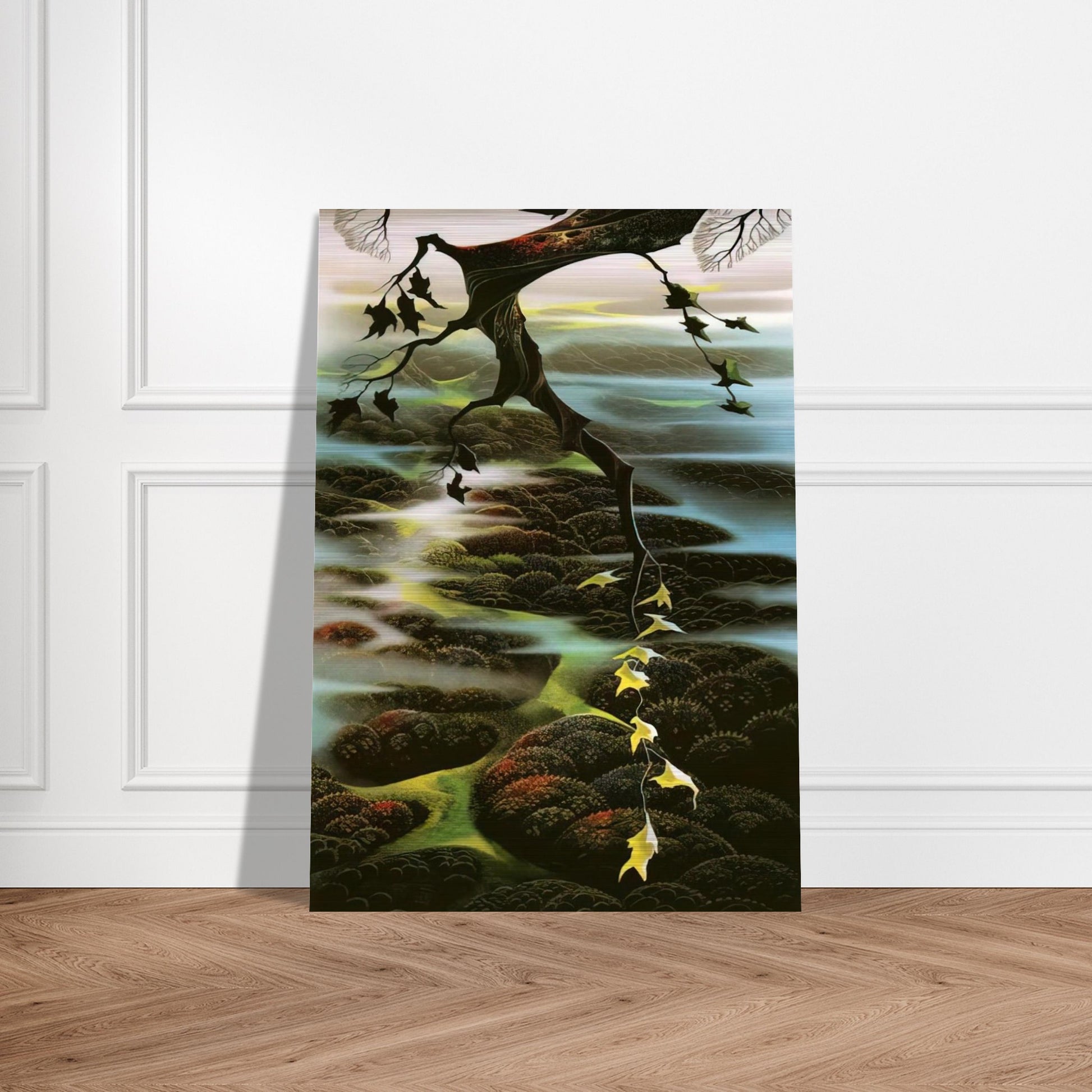 Fog Laced Hills - Eyvind Earle Brushed Aluminum Print - 70x100 cm / 28x40 inches | Eyvind Earle Aluminum Print | Eyvind Earle Prints