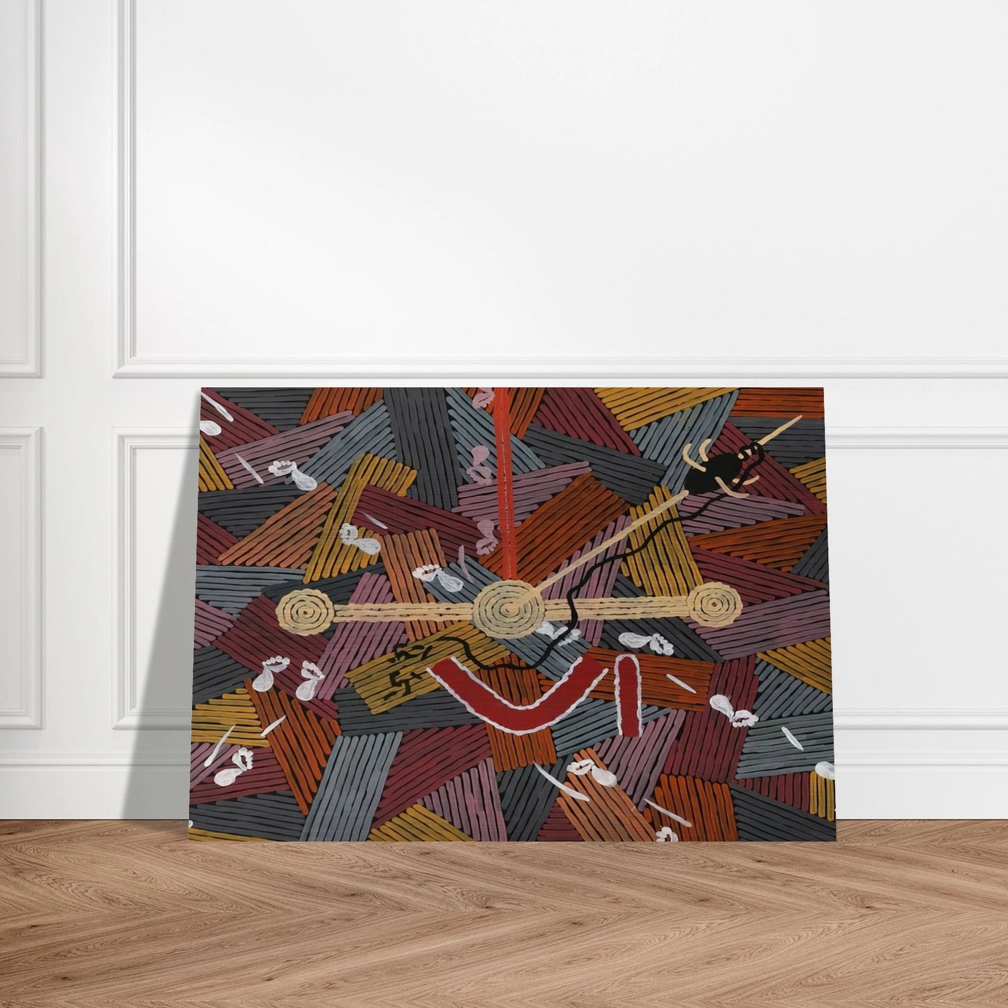 Men's Love Story - 1996 - Clifford Possum Tjapaltjarri Brushed Aluminum Print - 70x100 cm / 28x40 inches | Clifford Possum Tjapaltjarri Aluminum Print | Clifford Possum Tjapaltjarri Prints