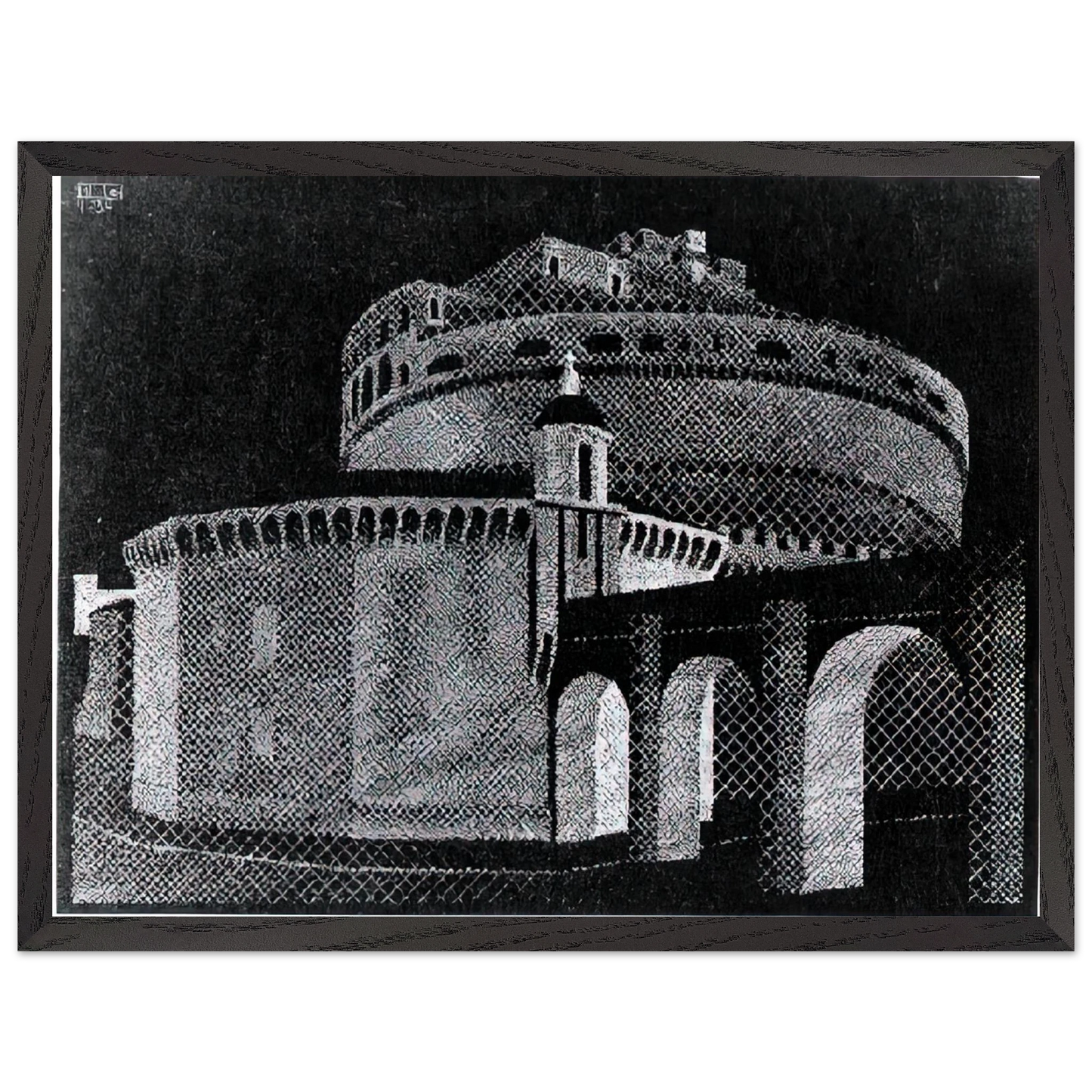 MC Escher - NOCTURNAL ROME CASTEL SANT ANGELO Wall Art - 60x80 cm / 24x32 inches - Premium Wooden Framed Poster With Fine Art Paper - Black frame