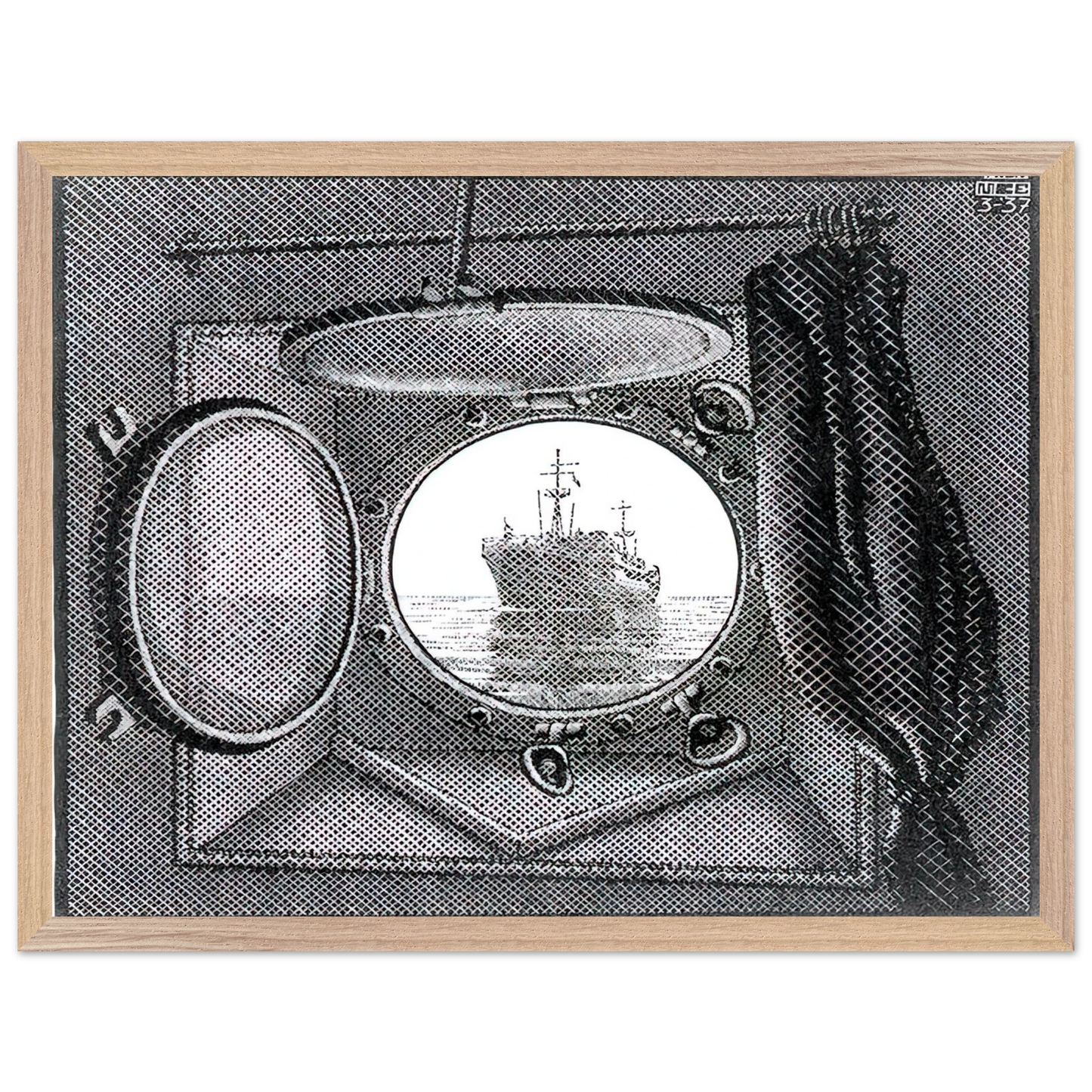MC Escher - PORTHOLE Wall Art - 21x29.7 cm / 8x12" - Premium Wooden Framed Poster With Fine Art Paper-canvas - Wood frame