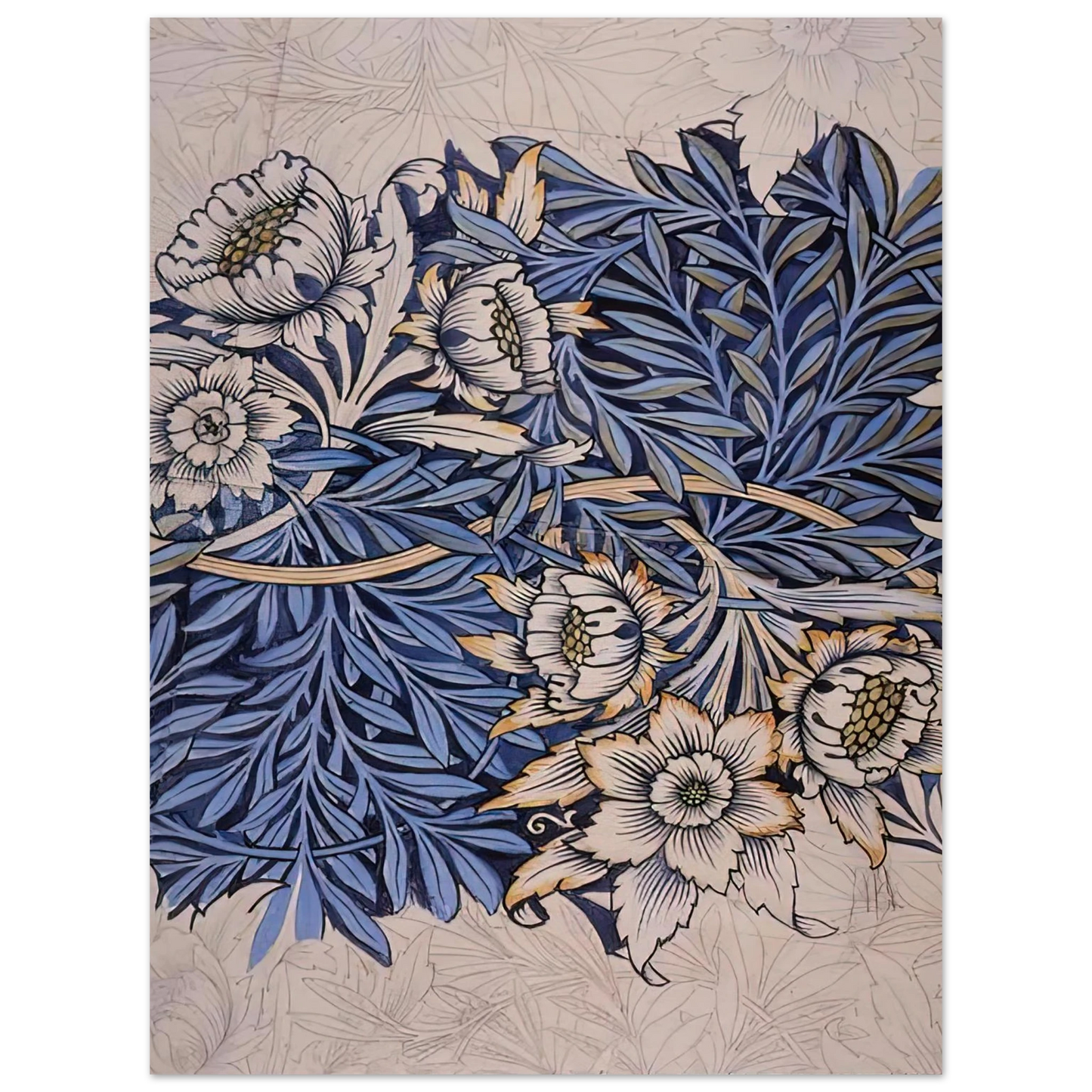 William Morris - DESIGN FOR TULIP AND WILLOW INDIGO DISCHARGE WOOD BLOCK PRINTED FABRIC 1873 Fine Art Poster