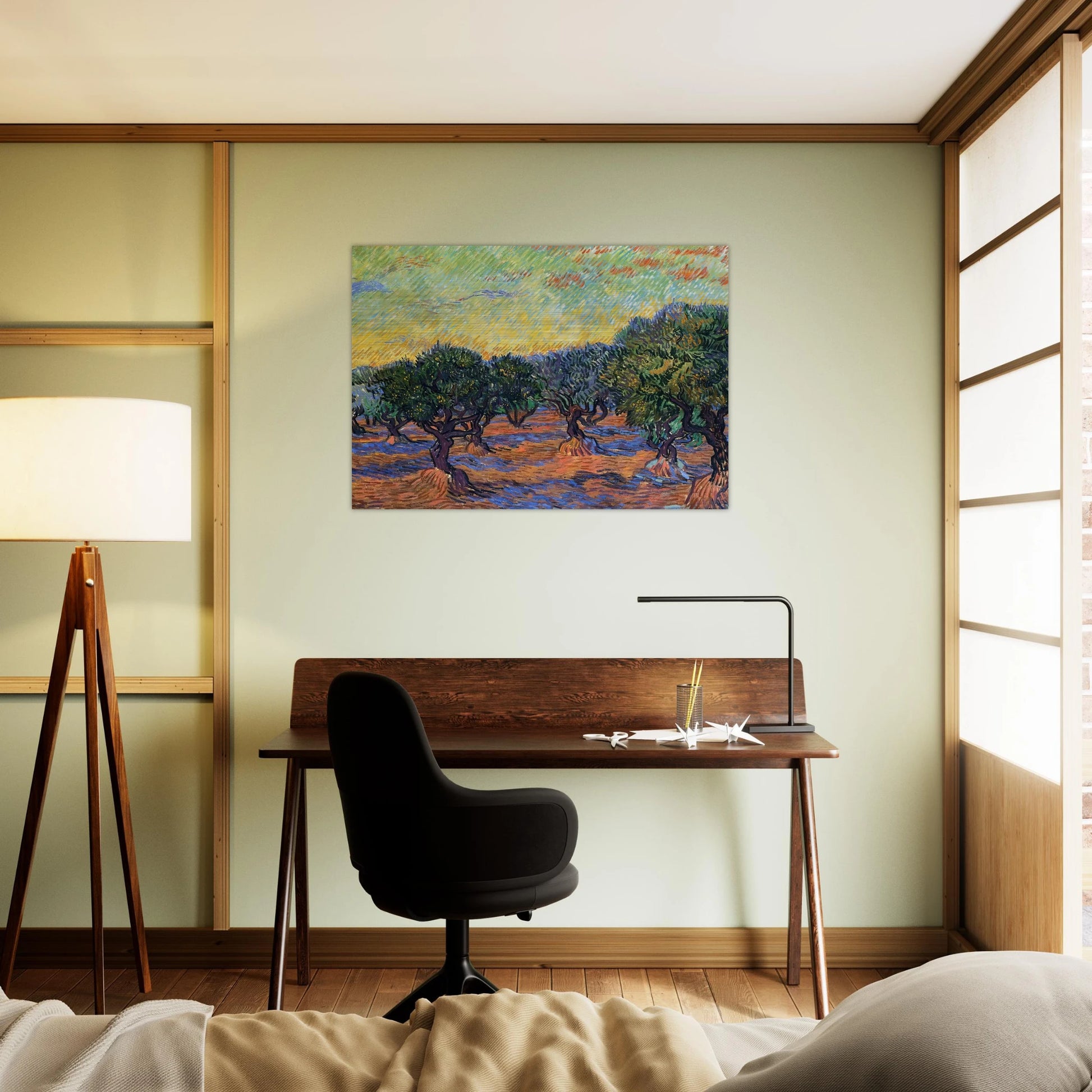 Olive Grove - Orange Sky - Vincent van Gogh Brushed Aluminum Print - 70x100 cm / 28x40 inches | Vincent van Gogh Aluminum Print | Vincent van Gogh Prints