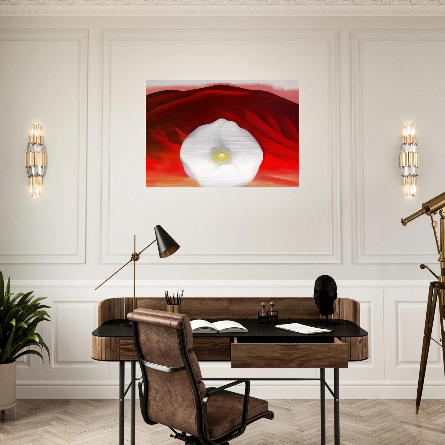 Red hills and white flower - Georgia O'Keeffe Brushed Aluminum Print - 70x100 cm / 28x40 inches | Georgia O'Keeffe Aluminum Print | Georgia O'Keeffe Prints