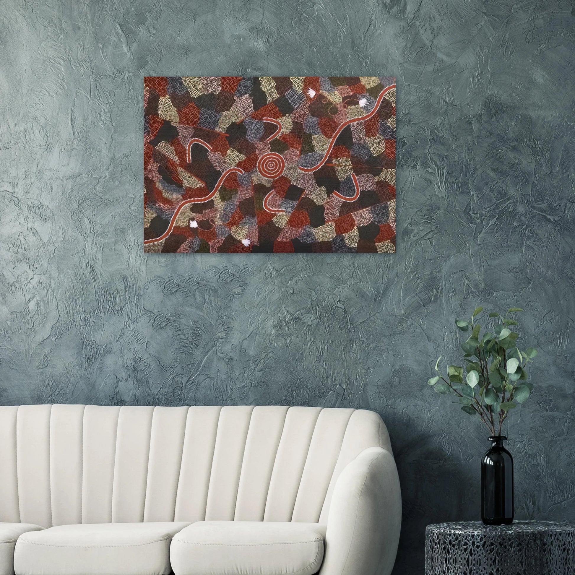 Family Dreaming - Native Art - Clifford Possum Tjapaltjarri Brushed Aluminum Print - 70x100 cm / 28x40 inches | Clifford Possum Tjapaltjarri Aluminum Print | Clifford Possum Tjapaltjarri Prints