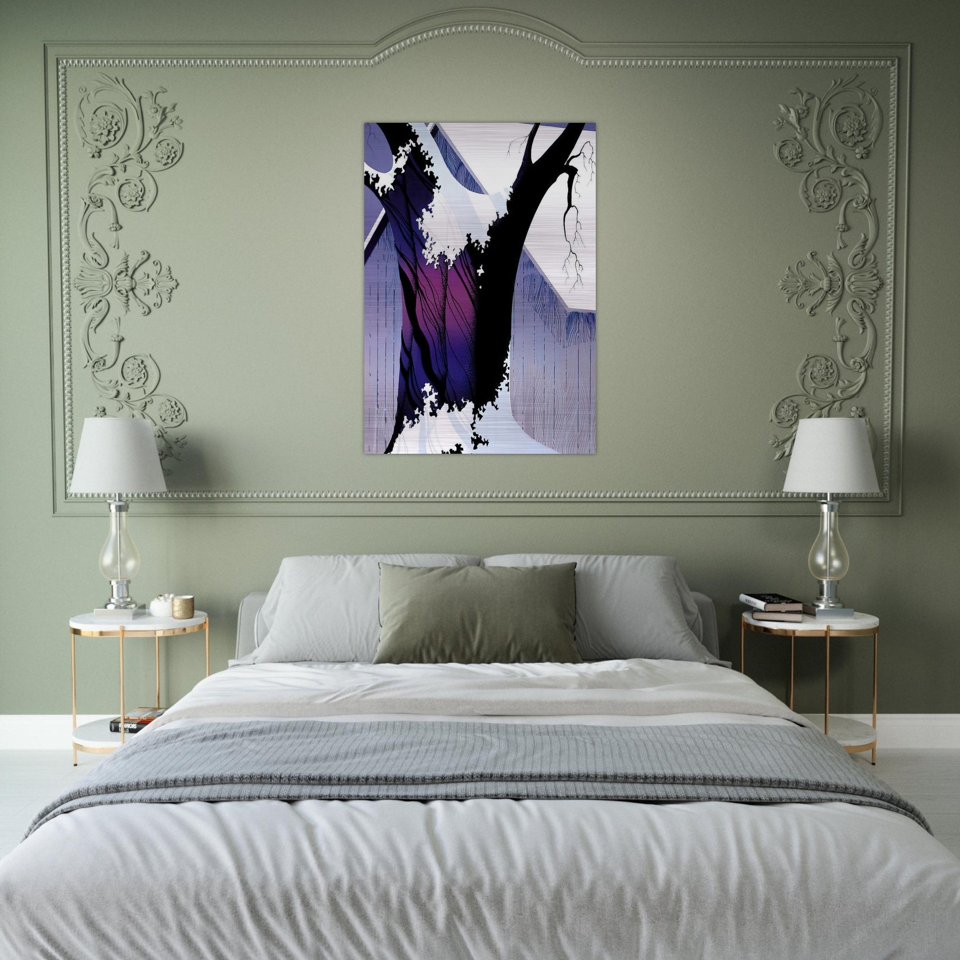 Violet Tree and Barn - Eyvind Earle Brushed Aluminum Print - 70x100 cm / 28x40 inches | Eyvind Earle Aluminum Print | Eyvind Earle Prints