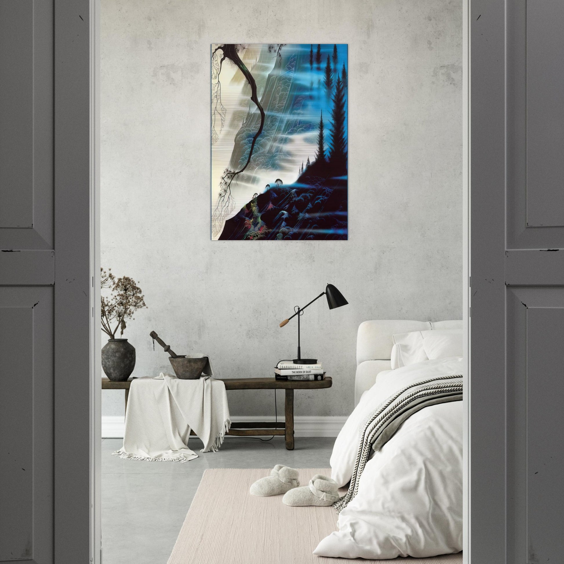 Sea Cliffs and Redwoods - Eyvind Earle Brushed Aluminum Print - 70x100 cm / 28x40 inches | Eyvind Earle Aluminum Print | Eyvind Earle Prints