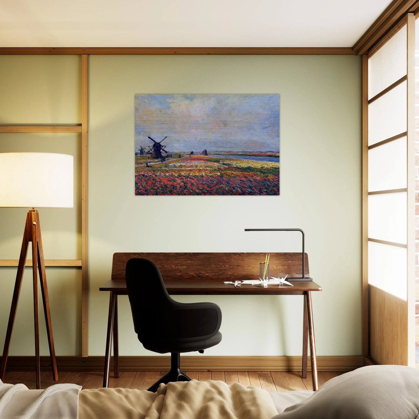 Fields of Flowers and Windmills near Leiden - claude monet Brushed Aluminum Print - 70x100 cm / 28x40 inches | claude monet Aluminum Print | claude monet Prints
