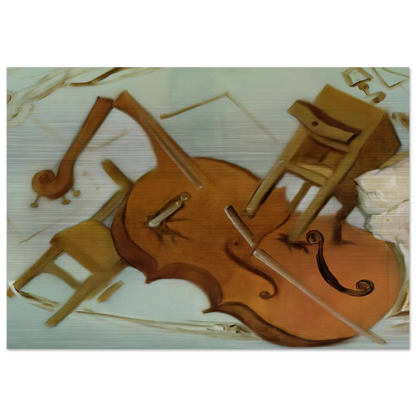 BED CHAIR AND BEDSIDE TABLE FEROCIOUSLY ATTACKING A CELLO - Salvador Dali Brushed Aluminum Print - 70x100 cm / 28x40 inches | Salvador Dali Aluminum Print | Salvador Dali Prints
