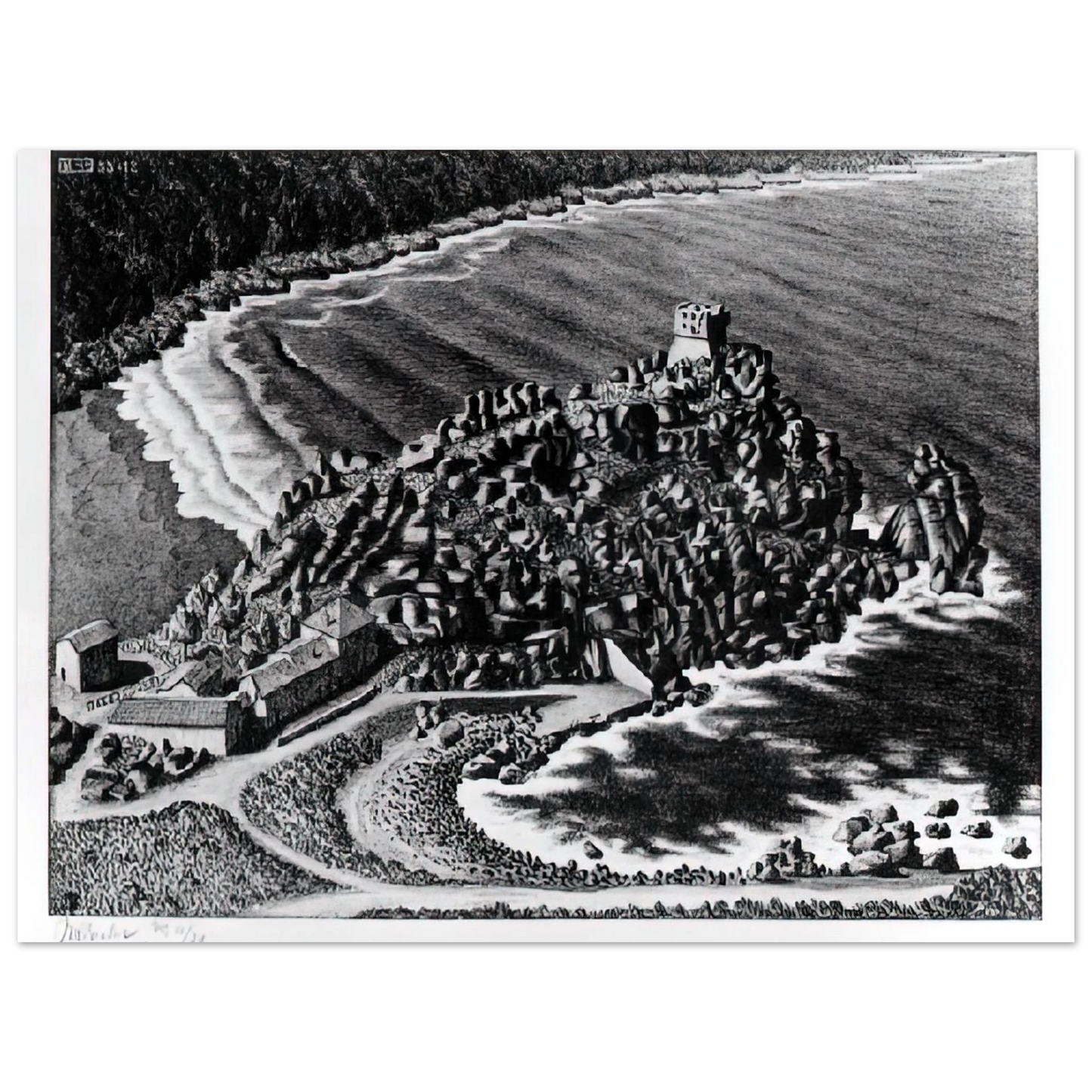 MC Escher - GULF OF PORTO CORSICA DECEMBER 1933 1933 Wall Art - 60x80 cm / 24x32 inches - Premium Wooden Framed Poster With Fine Art Paper - White frame