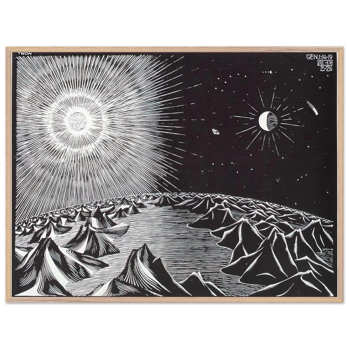 MC Escher - THE 4TH DAY OF THE CREATION Wall Art - 30x40 cm / 12x16 inches - Premium Wooden Framed Poster With Fine Art Paper-canvas - Wood frame